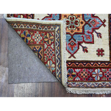 Load image into Gallery viewer, 2&#39;7&quot;x10&#39;7&quot; Egg White and Ruby Red, Hand Knotted 100% Wool, Afghan Super Kazak All Over Large Motifs, Natural Dyes, Runner Oriental Rug FWR537366