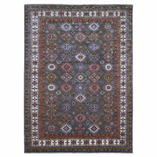 Load image into Gallery viewer, 8&#39;10&quot;x12&#39; Gray Shingle and Dove White, Afghan Super Kazak Hand Knotted All Over Tribal Medallions, Natural Dyes, Organic Wool Oriental Rug FWR537384