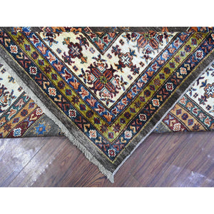 8'10"x12' Gray Shingle and Dove White, Afghan Super Kazak Hand Knotted All Over Tribal Medallions, Natural Dyes, Organic Wool Oriental Rug FWR537384