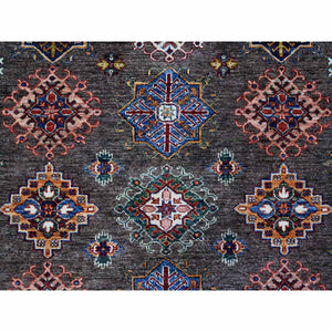 8'10"x12' Gray Shingle and Dove White, Afghan Super Kazak Hand Knotted All Over Tribal Medallions, Natural Dyes, Organic Wool Oriental Rug FWR537384