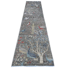 Load image into Gallery viewer, 2&#39;8&quot;x11&#39;8&quot; Solid Gray, Natural Wool, Afghan Peshawar with Birds of Paradise, Hand Knotted, Vegetable Dyes, Runner, Oriental Rug FWR537480