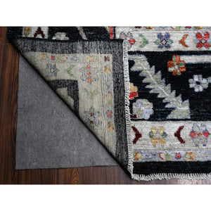 12'x12' Rich Black, Hand Knotted With Colorful Tribal Flower And Leaf Design, Wool Weft, Natural Dyes, Afghan Angora Oushak, Square Oriental Rug FWR537516