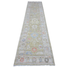 Load image into Gallery viewer, 2&#39;8&quot;x11&#39;6&quot; Old Moss Green, Wool Weft With Natural Dyes, Soft Pile, Hand Knotted, Rural Flower And Leaf Design, Afghan Angora Oushak, Oriental Runner Rug FWR537600