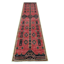 Load image into Gallery viewer, 2&#39;7&quot;x11&#39;2&quot; Indian Red, Pure And Soft Wool, Densely Woven, Hand Knotted Geometric Pattern, Peshawar With Berber Influence, Vegetable Dyes, Runner Oriental Rug FWR537690