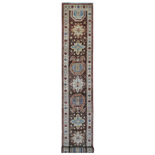 Load image into Gallery viewer, 2&#39;6&quot;x19&#39;5&quot; Brown Stone, Soft and Velvety Wool, Afghan Super Kazak with Large Tribal And Geometric Design, Hand Knotted Vegetable Dyes, XL Runner Oriental Rug FWR537696