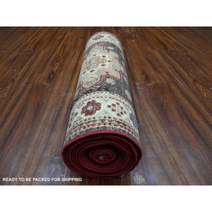 2'5"x20'5" Dark Chestnut Brown With Ivory Border, Afghan Hand Knotted Super Kazak With Shiny Wool, Large Medallions, Vegetable Dyes, Oriental XL Runner Rug FWR537702