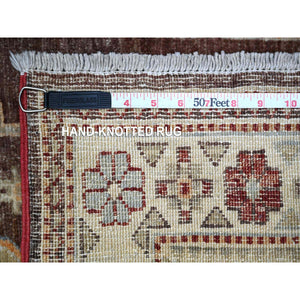 2'5"x20'5" Dark Chestnut Brown With Ivory Border, Afghan Hand Knotted Super Kazak With Shiny Wool, Large Medallions, Vegetable Dyes, Oriental XL Runner Rug FWR537702