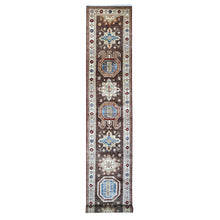 Load image into Gallery viewer, 2&#39;8&quot;x17&#39;4&quot; Walnut Brown and Cloud White, Hand Knotted Large Tribal Motifs, 100% Wool, Natural Dyes, Afghan Super Kazak XL Runner Oriental Rug FWR537708