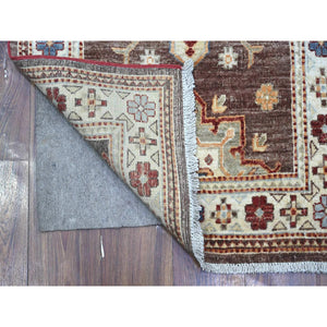 2'8"x17'4" Walnut Brown and Cloud White, Hand Knotted Large Tribal Motifs, 100% Wool, Natural Dyes, Afghan Super Kazak XL Runner Oriental Rug FWR537708