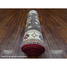 Load image into Gallery viewer, 2&#39;8&quot;x17&#39;4&quot; Walnut Brown and Cloud White, Hand Knotted Large Tribal Motifs, 100% Wool, Natural Dyes, Afghan Super Kazak XL Runner Oriental Rug FWR537708