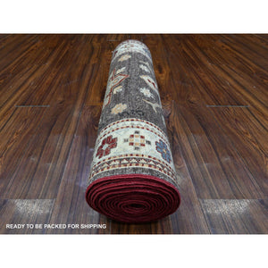 2'8"x17'4" Walnut Brown and Cloud White, Hand Knotted Large Tribal Motifs, 100% Wool, Natural Dyes, Afghan Super Kazak XL Runner Oriental Rug FWR537708