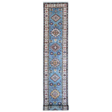 Load image into Gallery viewer, 2&#39;7&quot;x19&#39;6&quot; Dodger Blue With Winter White, Afghan Super Kazak With Soft And Shiny Wool, Colorful And Vibrant Geometric Design, Hand Knotted XL Runner Oriental Rug FWR537828