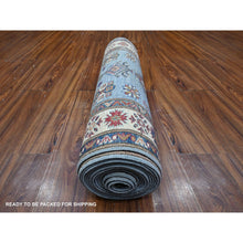 Load image into Gallery viewer, 2&#39;7&quot;x19&#39;6&quot; Dodger Blue With Winter White, Afghan Super Kazak With Soft And Shiny Wool, Colorful And Vibrant Geometric Design, Hand Knotted XL Runner Oriental Rug FWR537828