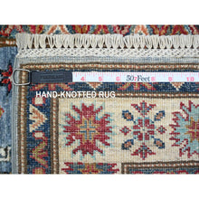 Load image into Gallery viewer, 2&#39;7&quot;x19&#39;6&quot; Dodger Blue With Winter White, Afghan Super Kazak With Soft And Shiny Wool, Colorful And Vibrant Geometric Design, Hand Knotted XL Runner Oriental Rug FWR537828