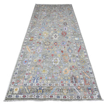 Load image into Gallery viewer, 4&#39;5&quot;x10&#39; Swamp Green, Extra Soft Wool Weft, Afghan, Hand Knotted Angora Oushak, Vegetable Dyes, Colorful Tribal Flower And Leaf Medallions All Over Design, Wide Runner Oriental Rug FWR537882