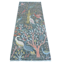 Load image into Gallery viewer, 2&#39;6&quot;x6&#39;2&quot; Slate Gray, Hand Knotted, Extra Soft Wool, Afghan Peshawar with Birds of Paradise, Natural Dyes, Runner Oriental Rug FWR537888