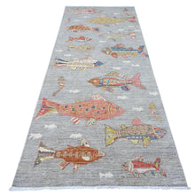 Load image into Gallery viewer, 4&#39;x9&#39;8&quot; Pigeon Gray, Colorful Oceanic Fish Design, Natural Wool, Afghan Peshawar, Vegetable Dyes, Hand Knotted Denser Weave Oriental Rug FWR537954