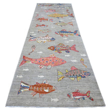 Load image into Gallery viewer, 4&#39;1&quot;x12&#39; Rocky Gray, Hand Knotted Extra Soft Wool, Afghan Peshawar Oceanic Colorful Fish Design, Natural Dyes, Denser Weave Oriental Rug FWR537960