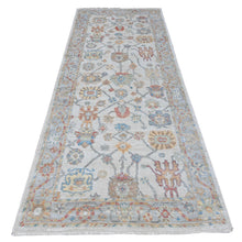 Load image into Gallery viewer, 4&#39;x10&#39; Silver Gray, Natural Dyes, Hand Knotted, Wool Weft, Afghan Angora Oushak, Vibrant Tribal Flower And Leaf Design, Wide Runner Oriental Rug FWR538032