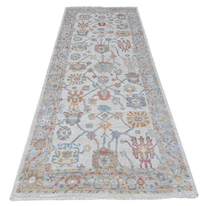 4'x10' Silver Gray, Natural Dyes, Hand Knotted, Wool Weft, Afghan Angora Oushak, Vibrant Tribal Flower And Leaf Design, Wide Runner Oriental Rug FWR538032