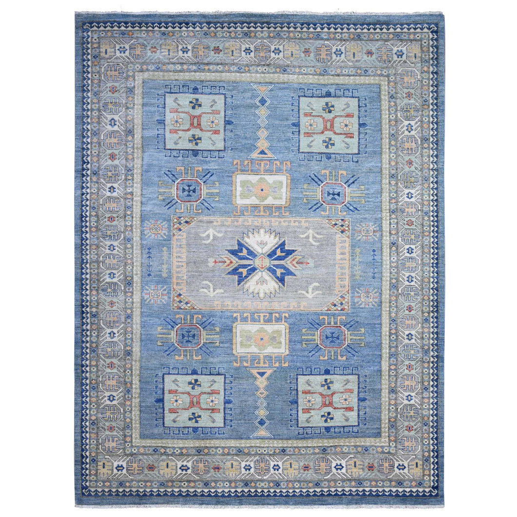 9'x12' Turquoise Blue, Soft and Shiny Wool, Fine Peshawar All Over Geometric Design With Central Medallion, Vegetable Dyes, Hand Knotted, Oriental Rug FWR538230