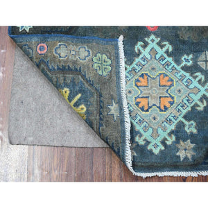 3'2"x5' Space Black, Fusion Kazak With Colorful Caucasian Elements All Over Design, All Wool, Hand Knotted Oriental Rug FWR538272