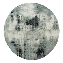 Load image into Gallery viewer, 10&#39;x10&#39; Obsidian Black with a Touch Of Feather White, Hand Knotted Abstract Design, Wool and Silk, Oriental, Round, Rug FWR541278