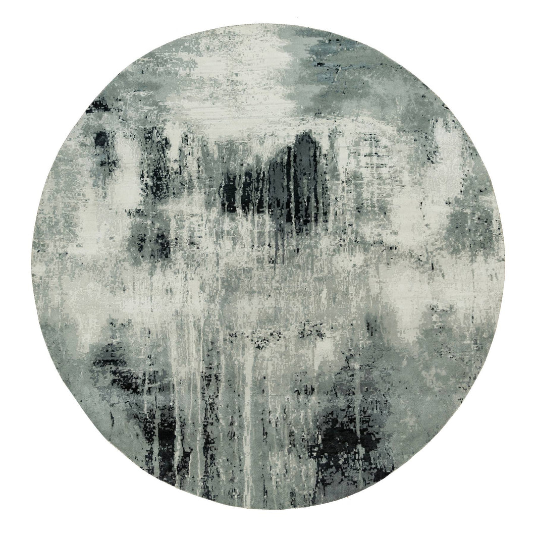 10'x10' Obsidian Black with a Touch Of Feather White, Hand Knotted Abstract Design, Wool and Silk, Oriental, Round, Rug FWR541278