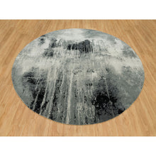 Load image into Gallery viewer, 10&#39;x10&#39; Obsidian Black with a Touch Of Feather White, Hand Knotted Abstract Design, Wool and Silk, Oriental, Round, Rug FWR541278