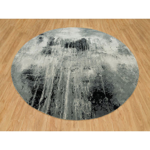 10'x10' Obsidian Black with a Touch Of Feather White, Hand Knotted Abstract Design, Wool and Silk, Oriental, Round, Rug FWR541278