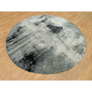 10'x10' Obsidian Black with a Touch Of Feather White, Hand Knotted Abstract Design, Wool and Silk, Oriental, Round, Rug FWR541278