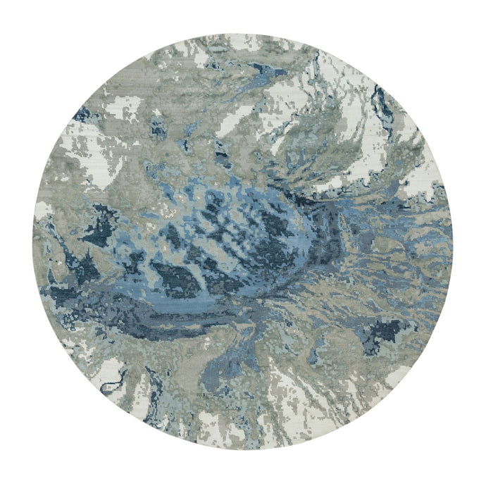 12'x12' Steel Blue, Modern Abstract Galaxy Design, Hi-Low Pile, Wool and Silk, Hand Knotted, Round Oriental Rug FWR541284