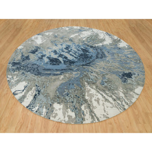 12'x12' Steel Blue, Modern Abstract Galaxy Design, Hi-Low Pile, Wool and Silk, Hand Knotted, Round Oriental Rug FWR541284