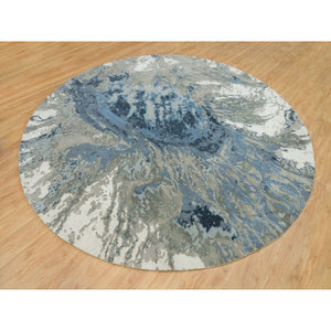 12'x12' Steel Blue, Modern Abstract Galaxy Design, Hi-Low Pile, Wool and Silk, Hand Knotted, Round Oriental Rug FWR541284