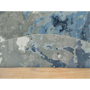 12'x12' Steel Blue, Modern Abstract Galaxy Design, Hi-Low Pile, Wool and Silk, Hand Knotted, Round Oriental Rug FWR541284