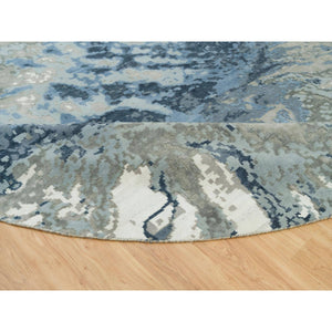 12'x12' Steel Blue, Modern Abstract Galaxy Design, Hi-Low Pile, Wool and Silk, Hand Knotted, Round Oriental Rug FWR541284