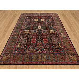 9'1"x12' Obsidian Black with Ecru Brown, Tabriz Wool and Silk Vase Design, Fine Hand Knotted Oriental Rug FWR541338