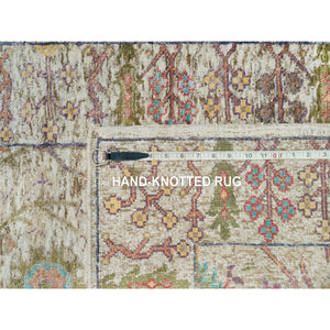 2'6"x25'10" Gardenia Beige, Hand Knotted Directional Vase Design Silk with Textured Wool XL Runner Oriental Rug FWR541422