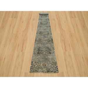 2'8"x23'10" Cobblestone Gray, Hand Knotted Transitional Persian Influence Erased Medallion Design, Silk with Textured Wool, Oriental XL Runner Rug FWR541434