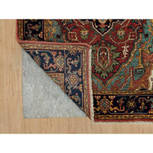 Load image into Gallery viewer, 2&#39;8&quot;x22&#39; Carmine Red and Dallas Cowboys Blue, Vegetable Dyes, Antiqued Heriz Re-Creation with Geometric Medallions, Extra Soft Wool, Soft and Lush Pile, XL Runner Oriental Hand Knotted Rug FWR541620