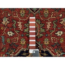 Load image into Gallery viewer, 2&#39;8&quot;x22&#39; Carmine Red and Dallas Cowboys Blue, Vegetable Dyes, Antiqued Heriz Re-Creation with Geometric Medallions, Extra Soft Wool, Soft and Lush Pile, XL Runner Oriental Hand Knotted Rug FWR541620