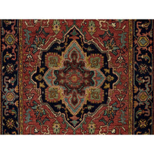 Load image into Gallery viewer, 2&#39;8&quot;x22&#39; Carmine Red and Dallas Cowboys Blue, Vegetable Dyes, Antiqued Heriz Re-Creation with Geometric Medallions, Extra Soft Wool, Soft and Lush Pile, XL Runner Oriental Hand Knotted Rug FWR541620