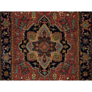 2'8"x22' Carmine Red and Dallas Cowboys Blue, Vegetable Dyes, Antiqued Heriz Re-Creation with Geometric Medallions, Extra Soft Wool, Soft and Lush Pile, XL Runner Oriental Hand Knotted Rug FWR541620