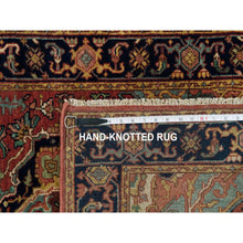 Load image into Gallery viewer, 2&#39;8&quot;x22&#39; Carmine Red and Dallas Cowboys Blue, Vegetable Dyes, Antiqued Heriz Re-Creation with Geometric Medallions, Extra Soft Wool, Soft and Lush Pile, XL Runner Oriental Hand Knotted Rug FWR541620