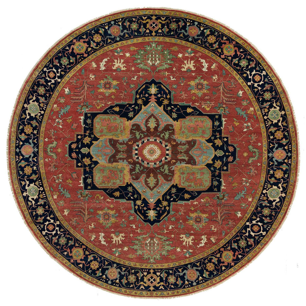 14'x14' Sangria Red With Stratos Blue Border, Antiqued Extra Soft Wool Heriz With Fine Re-Creation, Hand Knotted Oriental Soft Pile Dense Weave Round Rug FWR541782