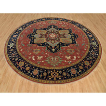 Load image into Gallery viewer, 14&#39;x14&#39; Sangria Red With Stratos Blue Border, Antiqued Extra Soft Wool Heriz With Fine Re-Creation, Hand Knotted Oriental Soft Pile Dense Weave Round Rug FWR541782