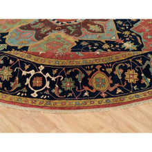 Load image into Gallery viewer, 14&#39;x14&#39; Sangria Red With Stratos Blue Border, Antiqued Extra Soft Wool Heriz With Fine Re-Creation, Hand Knotted Oriental Soft Pile Dense Weave Round Rug FWR541782