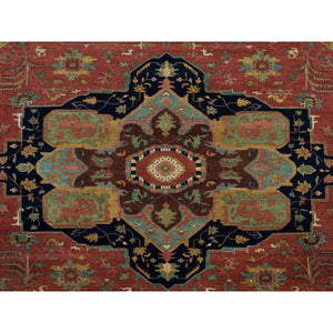 14'x14' Sangria Red With Stratos Blue Border, Antiqued Extra Soft Wool Heriz With Fine Re-Creation, Hand Knotted Oriental Soft Pile Dense Weave Round Rug FWR541782