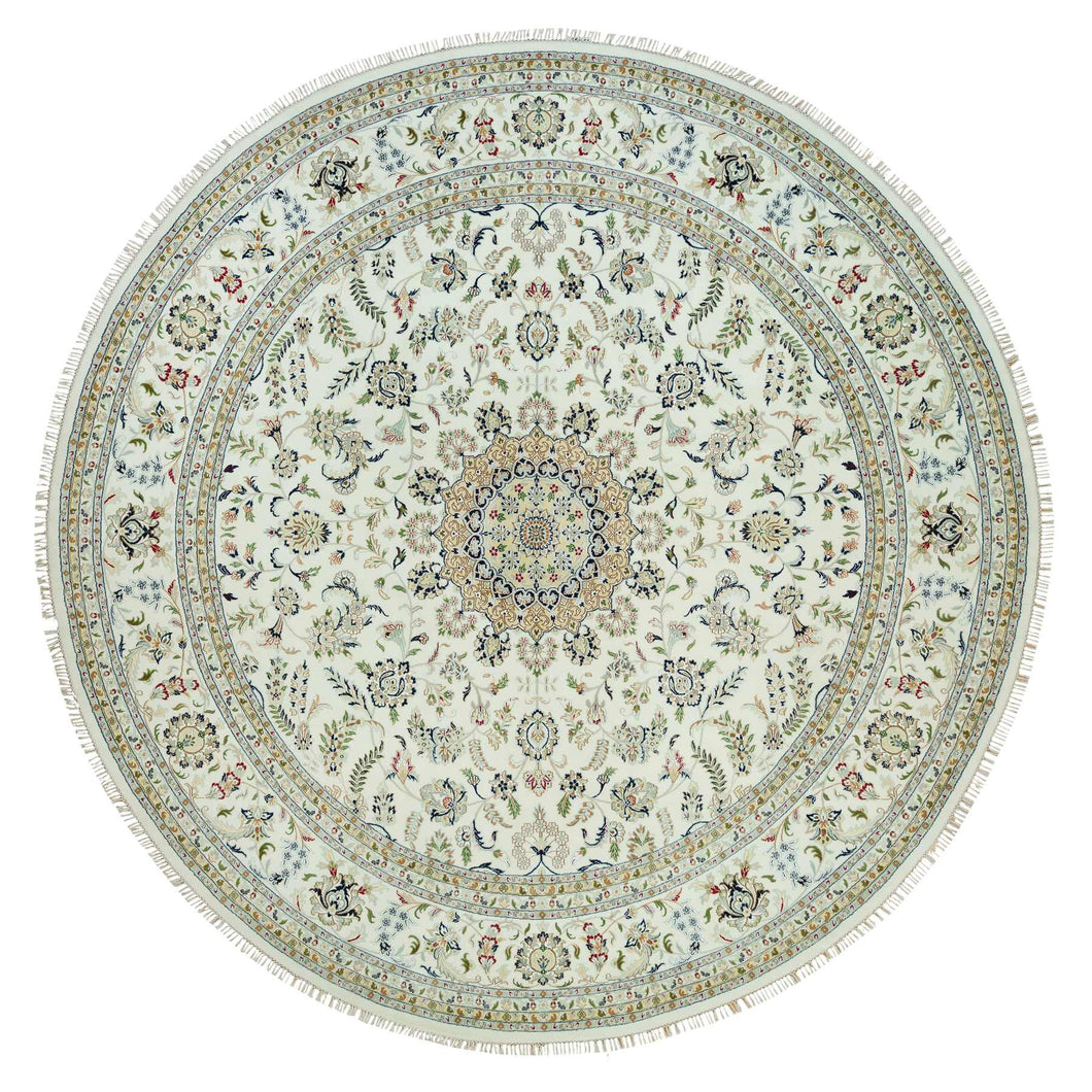 12'x12' Dove White, Hand Knotted, 250 KPSI, 100% Wool, Nain with Center Medallion Flower Design, Round Oriental Rug FWR541974