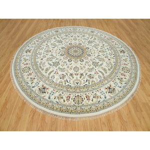 12'x12' Dove White, Hand Knotted, 250 KPSI, 100% Wool, Nain with Center Medallion Flower Design, Round Oriental Rug FWR541974